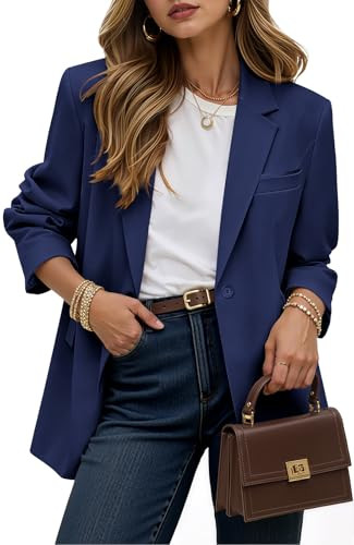 Kelyaa Women's Casual Business Blazer Notched Lapel One Button Open Front Long Sleeve Blazers Office Work Suit Jackets Navy Blue | Amazon (US)