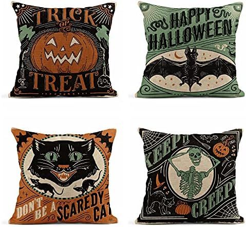 rouihot Set of 4 Linen Throw Pillow Covers 18x18 Inch Vintage Halloween Scaredy Cats Pumpkins Ske... | Amazon (US)