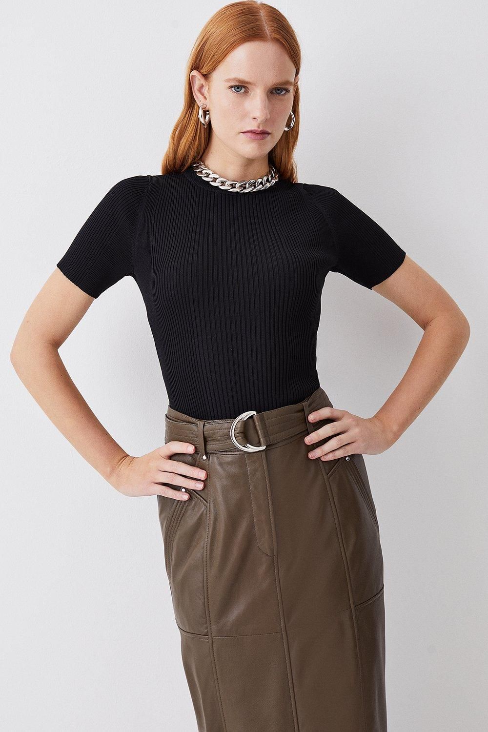 Rib Knitted Short Sleeve Top | Karen Millen UK + IE + DE + NL