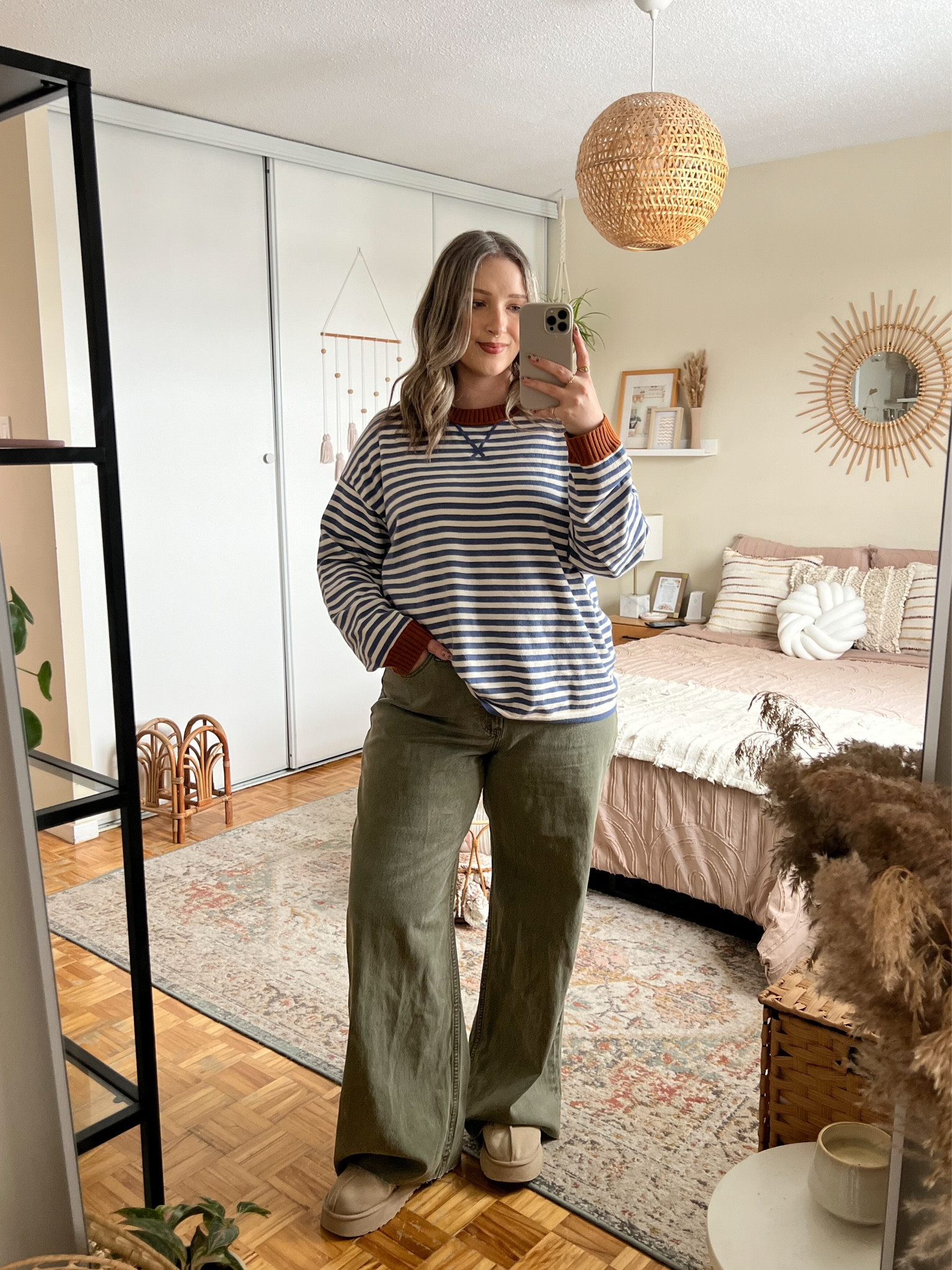 Casual spring outfit! Wearing my usual size L in the striped sweater. Wearing 32 long in the olive green wide leg jeans (I cut the hem for my perfect length!) Ugg Tazz platforms fit tts


#LTKjeans #LTKsale #LTKmidsize