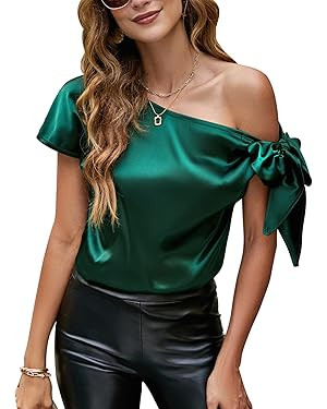 VIDUSSA Women's Off Shoulder Silk Tops Casual Short Sleeve Asymmetrical Neck Satin Blouse Shirts | Amazon (US)