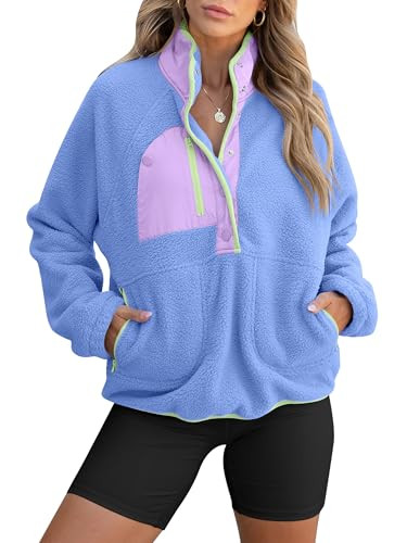 ANRABESS Women Fuzzy Fleece Pullover Sherpa Sweatshirt Long Sleeve Button Down Warm Soft Color Block Jackets with Pockets Sky blue Large | Amazon (US)