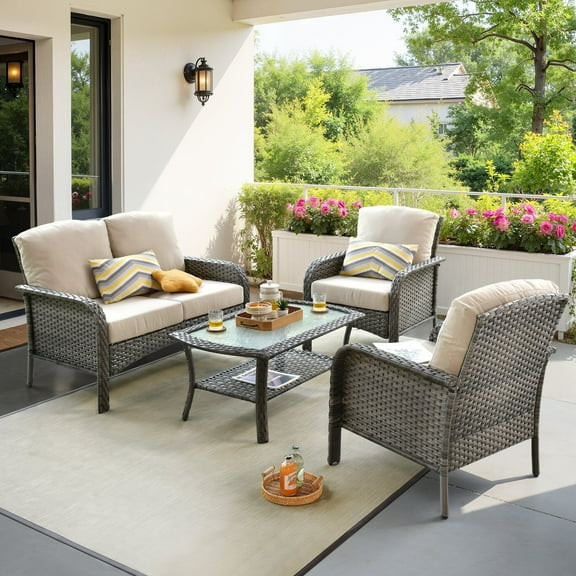 LAZZO 3 Pieces Patio Outdoor Conversation Set with Lumbar Pillows and  Coffee Table, PE Wicker Ro... | Walmart (US)