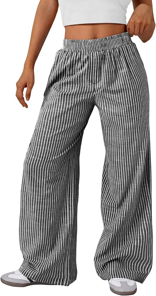 Trendy Queen Womens Striped Pants Linen Wide Leg Trousers Casual Slacks Fall Fashion Y2k Outfits ... | Amazon (US)
