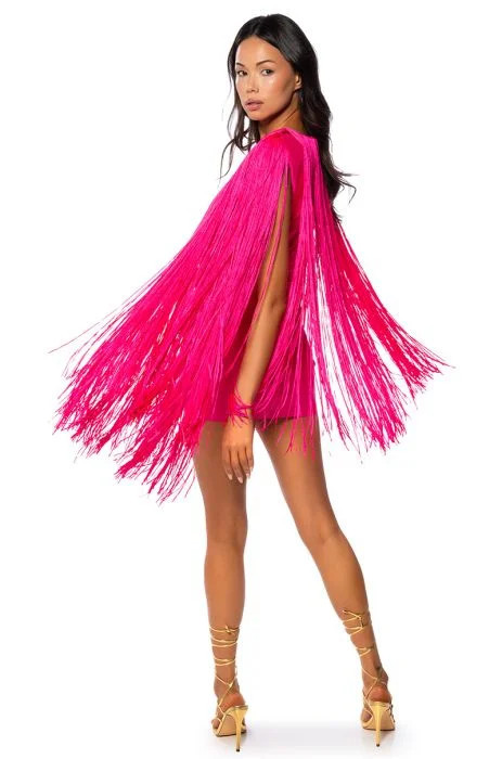STEVIE DEEP V BANDAGE WITH FRINGE MINI DRESS IN PINK | AKIRA