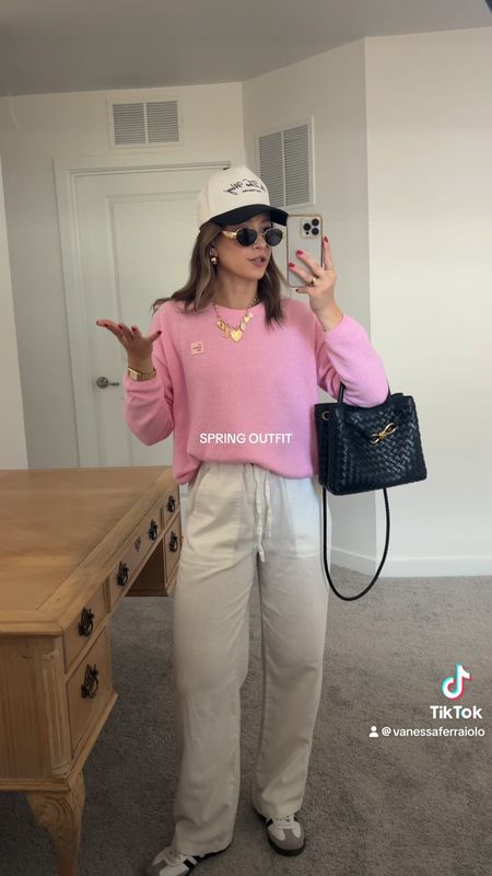 4/24/24 Pink casual spring outfit details a Pink outfit, casual spring style, casual spring outfits, spring outfit inspo, spring ouffits, spring fashion 2024, pink sweater, linen pants, white linen pants, white linen pants outfit, Adidas samba sneakers, Adidas samba sneakers outfit