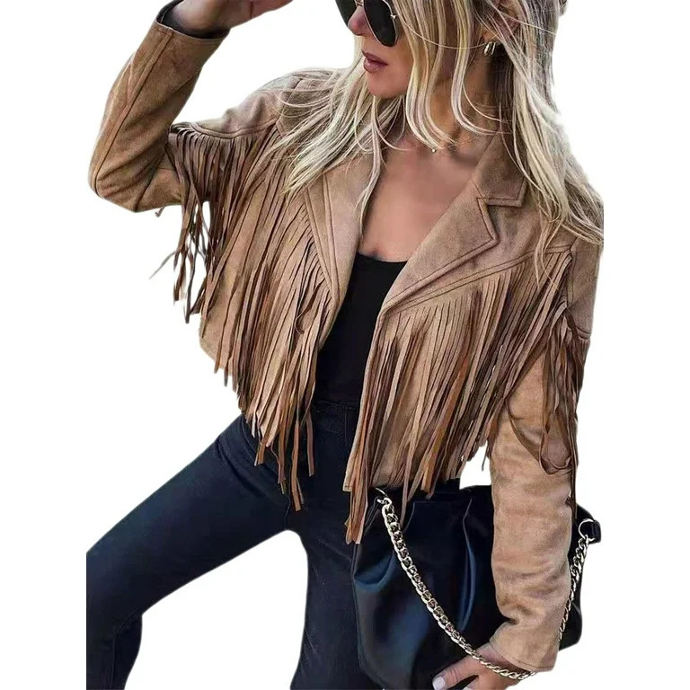 Liangchengmei Women's Long Sleeve Fringed Jacket Tassel Cropped Motor Biker Jacket Casual Outwear | Walmart (US)