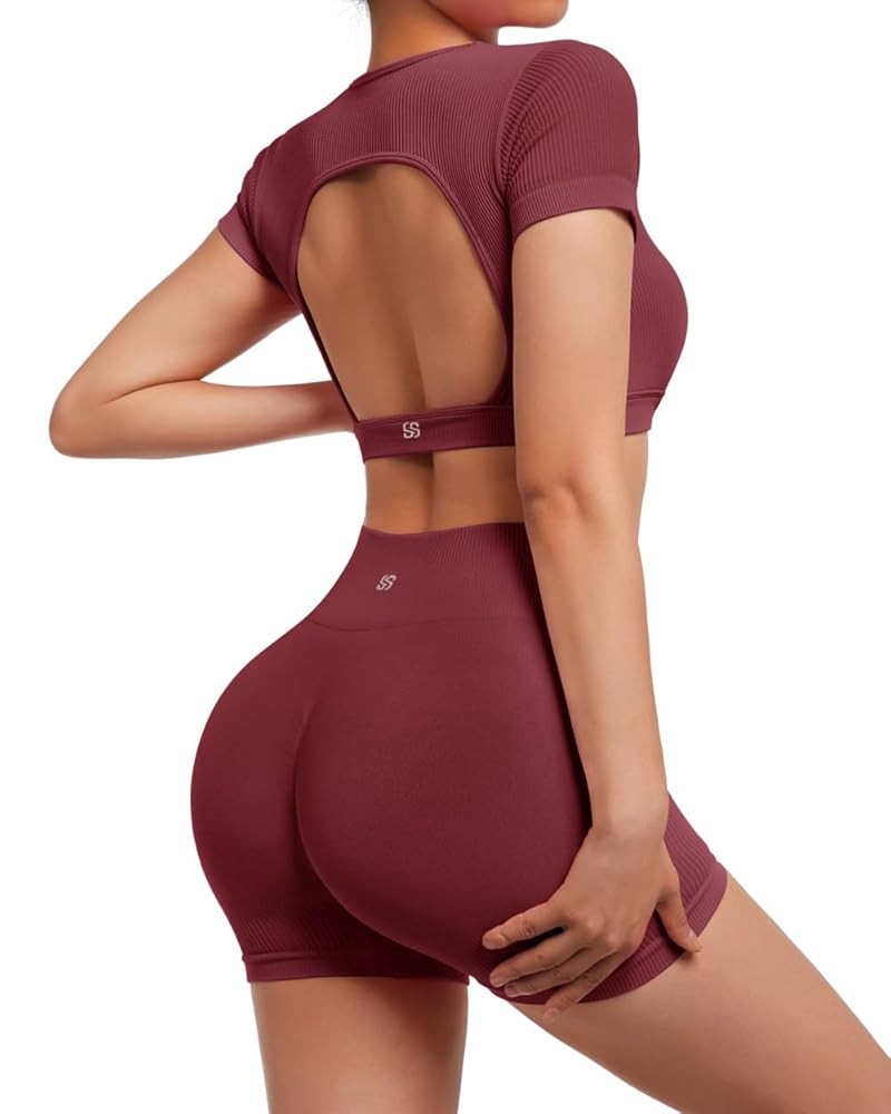 SUUKSESS Open Back Short Sleeve Scrunch Butt Booty Shorts Seamless Ribbed Workout Sets 2 Piece Ou... | Amazon (US)