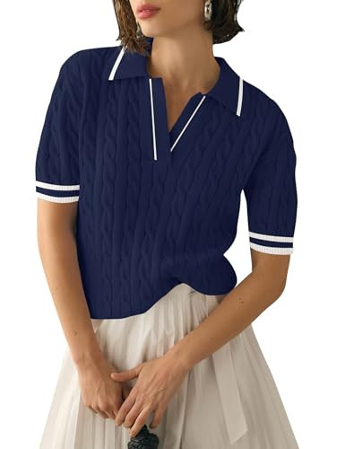 Micoson Summer Short Sleeve Shirt for Women V Neck T-Shirt Spring Cable Knit Sweaters Work Basic Tops 2025(Navy Blue White,M) | Amazon (US)