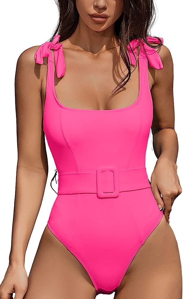 QINSEN Women's One Piece Swimsuit with Adjustable Tie Straps Elastic Belt Moderate Coverage Bathi... | Amazon (US)