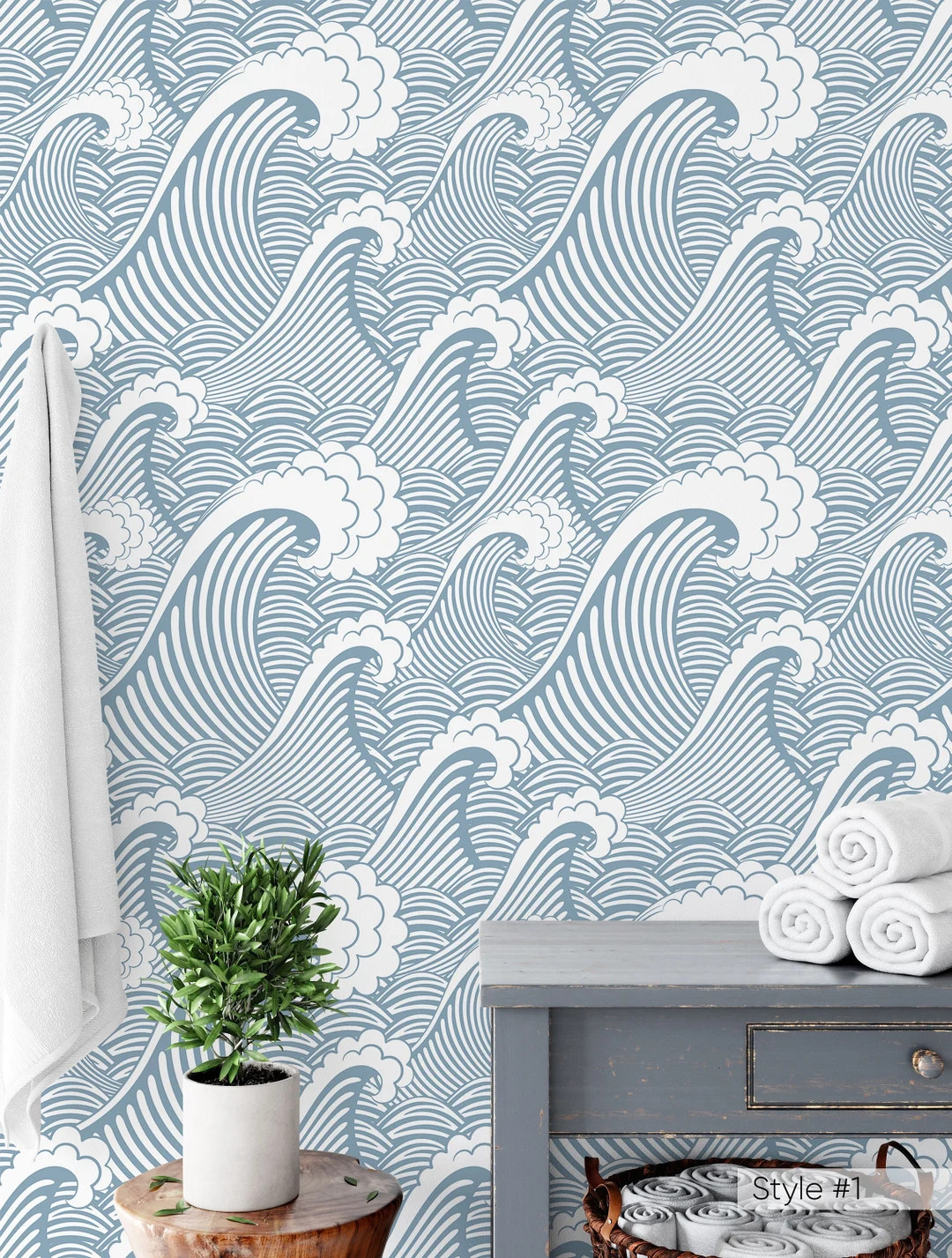 Japanese Coastal Waves Wallpaper - Blue Ocean Peel and Stick Nautical Wall Mural  W002 | Etsy (Global)