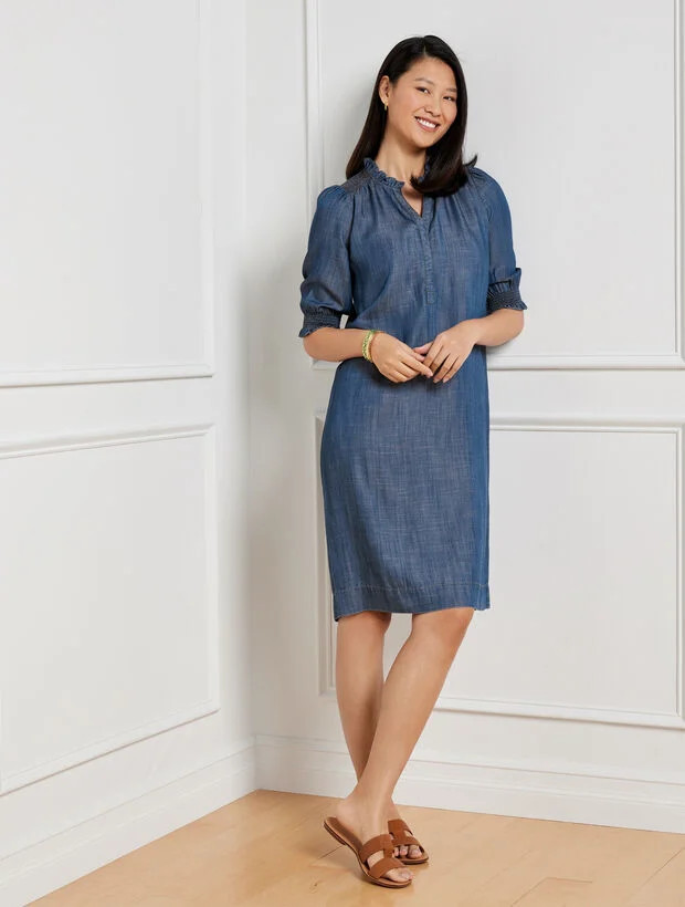 Smocked Sleeve TENCEL™ Denim Dress | Talbots