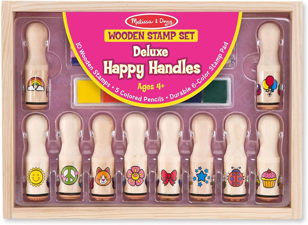 Melissa & Doug Deluxe Happy Handle Stamp Set With 10 Stamps, 5 Colored Pencils, and 6-Color Washa... | Amazon (US)