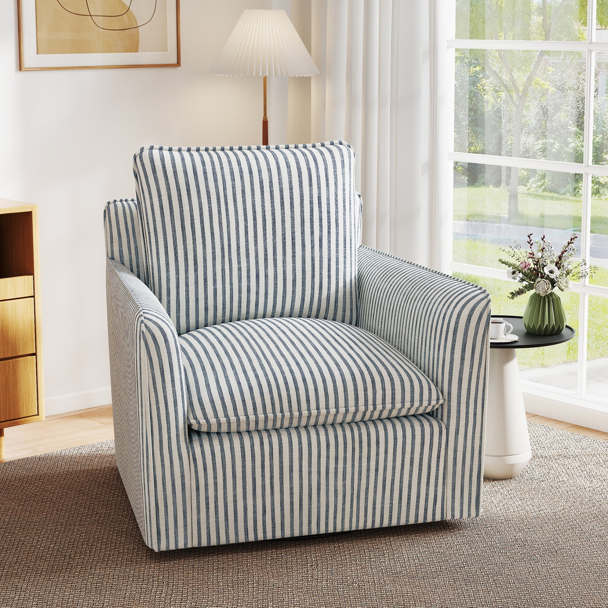 Bonzy Home 360° Swivel Chair with Thick Cushion – Blue Stripe Fabric Accent Chair for Living R... | Walmart (US)