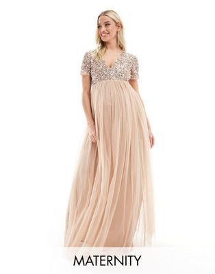 Maya Maternity Bridesmaid short sleeve maxi tulle dress with tonal delicate sequins in muted blus... | ASOS (Global)