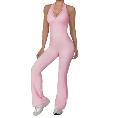KAIFUYING Women Workout Scrunch Flare Jumpsuits Lace Deep V Hanging Neck Halter Backless Butt Lift Gym Yoga Jumpsuits SexyJumpsuits Workout Jumpsuits for women pink-M | Amazon (US)