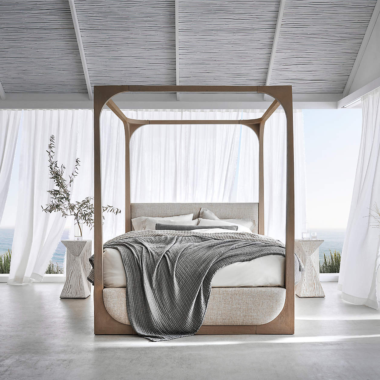 Escondido Weathered Grey Acacia Wood Upholstered Queen Canopy Bed + Reviews | Crate & Barrel | Crate & Barrel