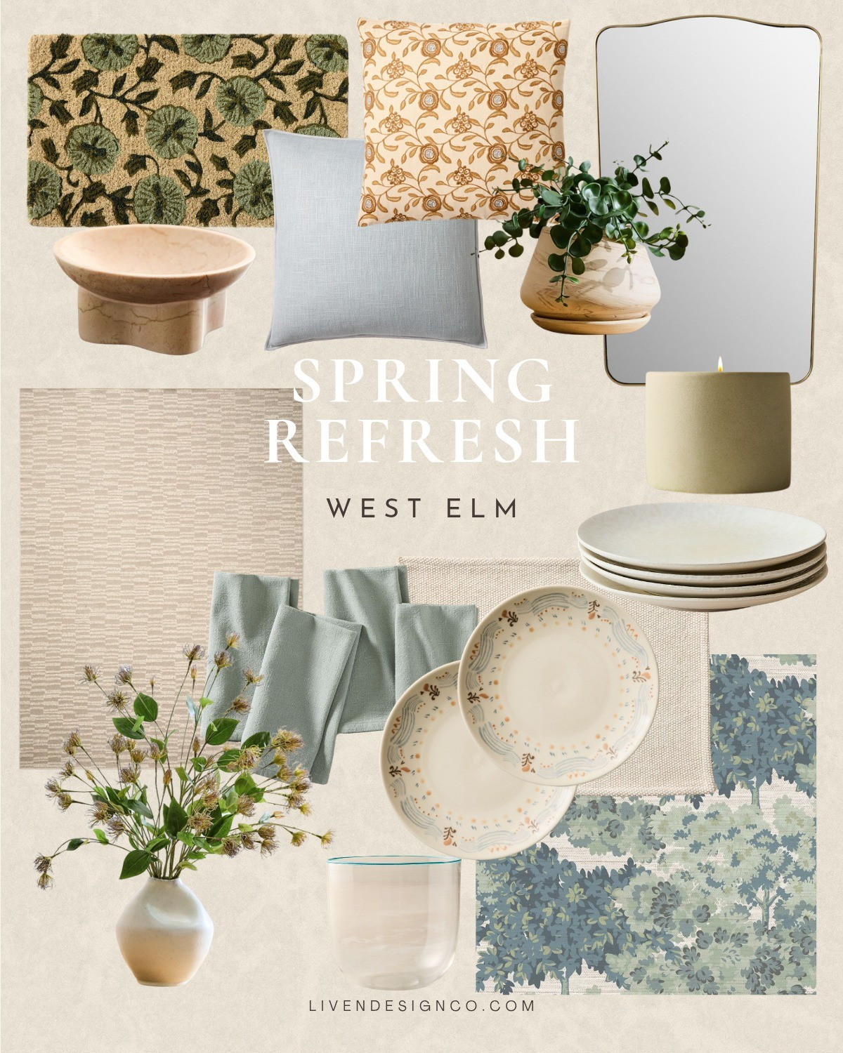 Pottery Barn spring decor. Easter dinnerware. Spring dinner plates. Chambray linen napkins. Ceramic vase. Pottery. Decorative bowl. Area rug. Lamp. Spring floral stems. Faux hydrangeas. Woven planter pot. 

#LTKSpringSale #LTKSeasonal #LTKHome