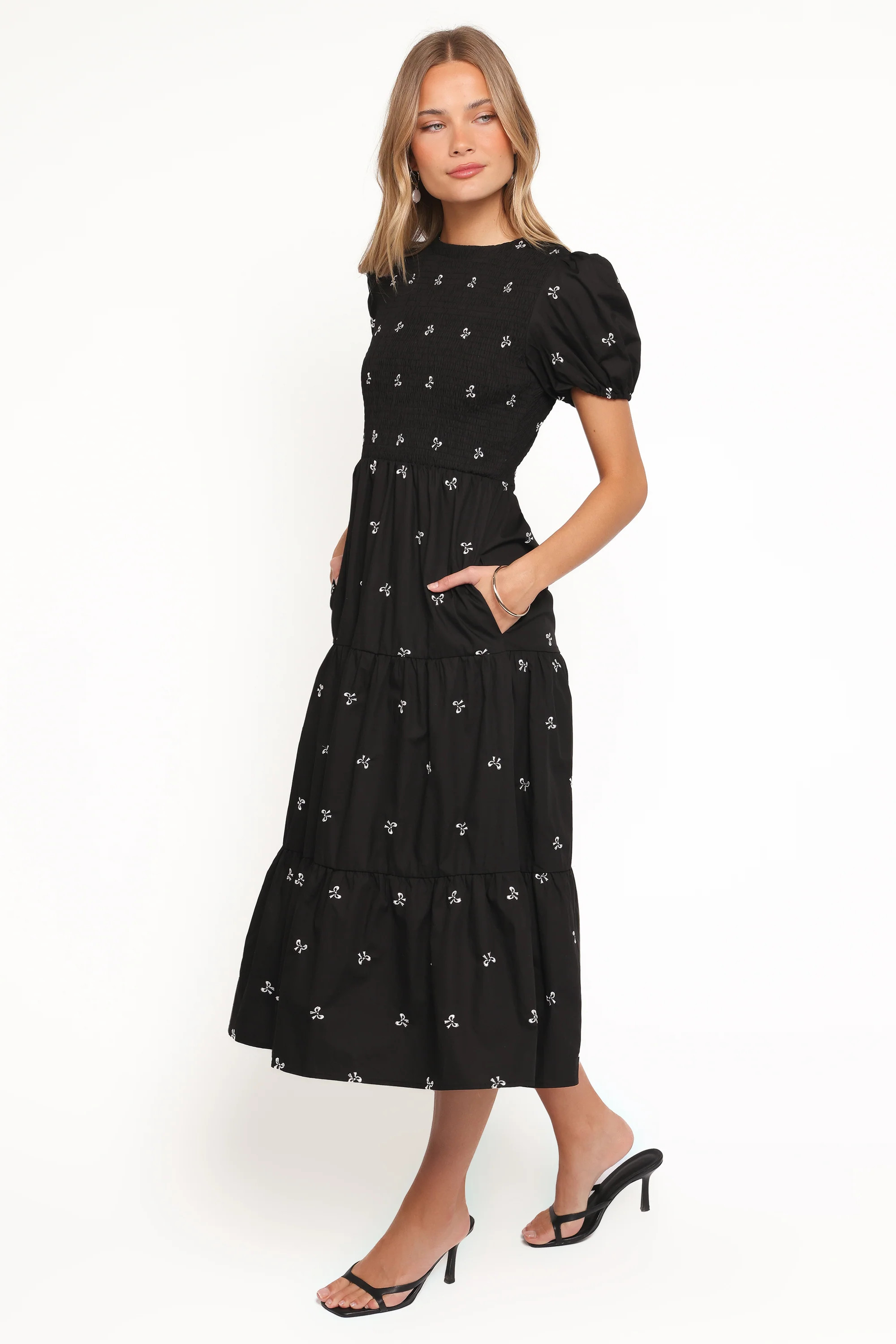 Naura Shirred Tiered Midi Dress - Black Bow | Petal & Pup (US)