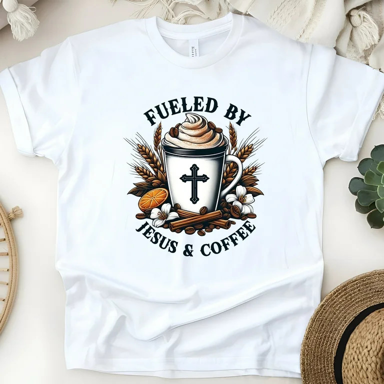 Fueled by Jesus & Coffee Shirt | Christian Faith Latte Tee , White, Size M | Walmart (US)