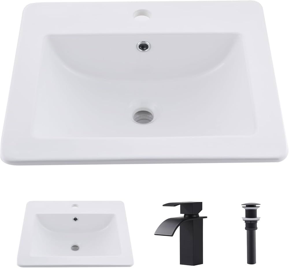 21"x18" Drop in Bathroom Sink White Rectangle Self-Rimming Porcelain Ceramic Bathroom Vanity Vess... | Amazon (US)