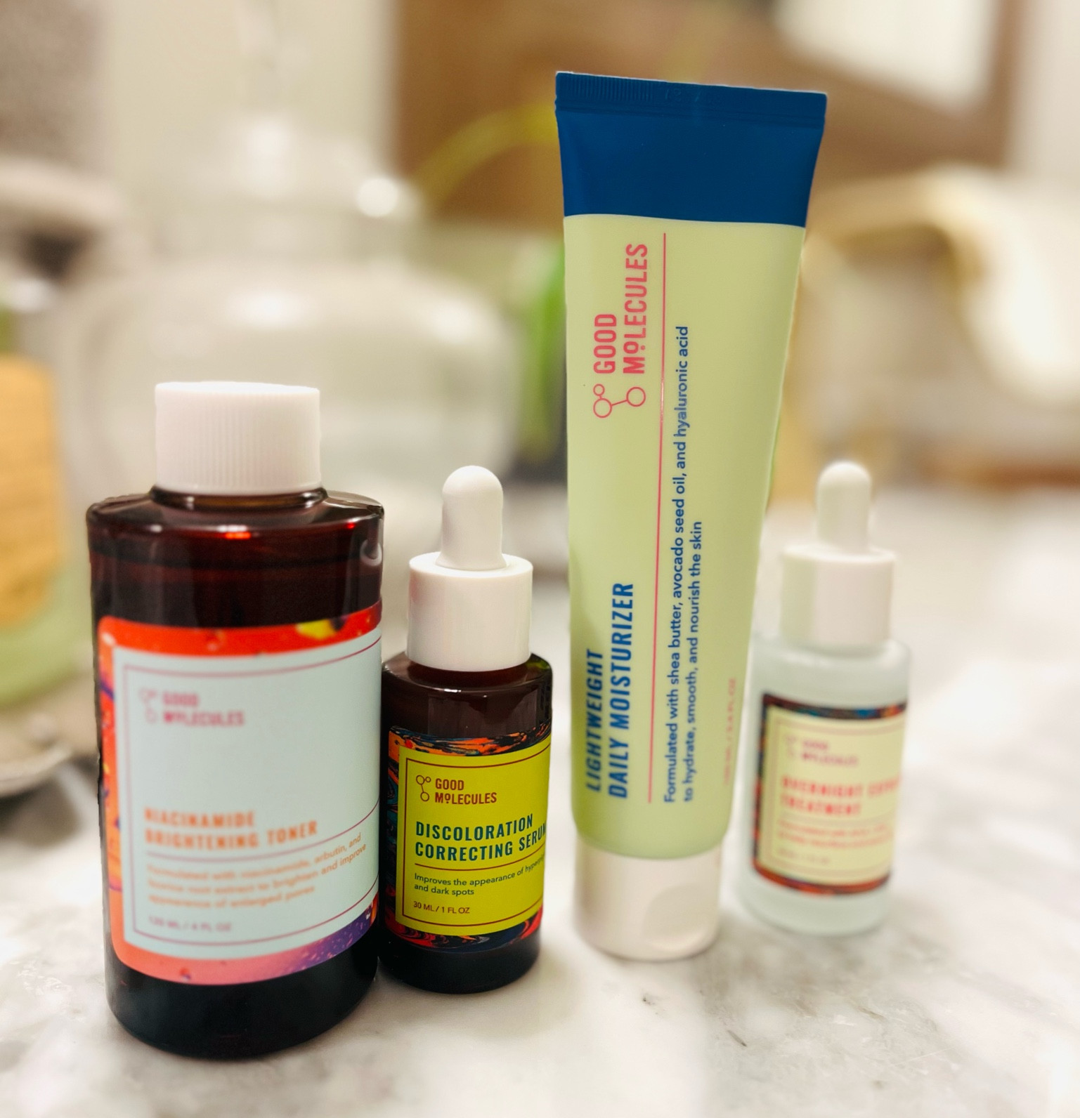 The current line up to help reduce the sun’s effects on my dark spots from melasma! I’m happy with the products, but even more happy with the prices! 