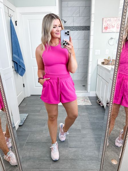 Outfit change! Wearing the cutest activewear set from Abercrombie. I sized up in the top and bottom but should have stuck with my true size small in the shorts but the medium in the top is excellent. The quality is top notch! 

#LTKFind #LTKunder50 #LTKfit