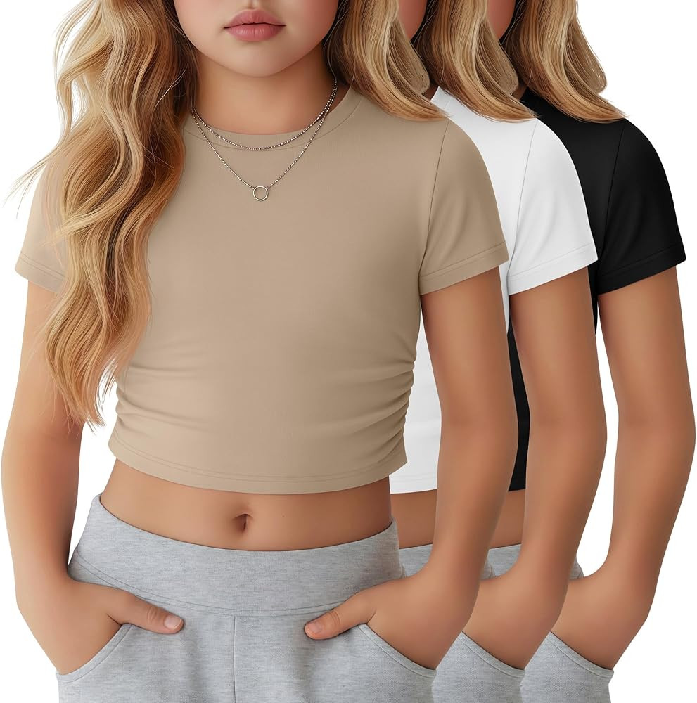 3 Pack Girls Crop Tops 5-16y Short Sleeve T-Shirts Tween Girl Slim Crew Neck Ruched Casual Trendy... | Amazon (US)