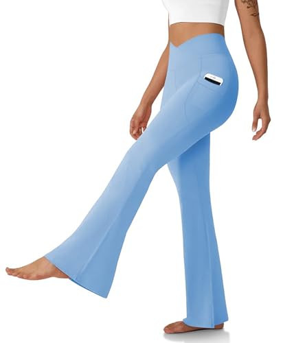 DLOODA Women's Flare Leggings with Pockets Crossover High Waisted Bootcut Yoga Pants Tummy Control Bell Bottom Leggings Blue 0S | Amazon (US)