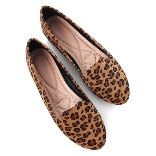 Stunner Women's Ballet Flats Classic Round Toe Flats Cute Slip On Loafers Comfortable Walking Shoes Leopard Brown 39(7.5) | Amazon (US)