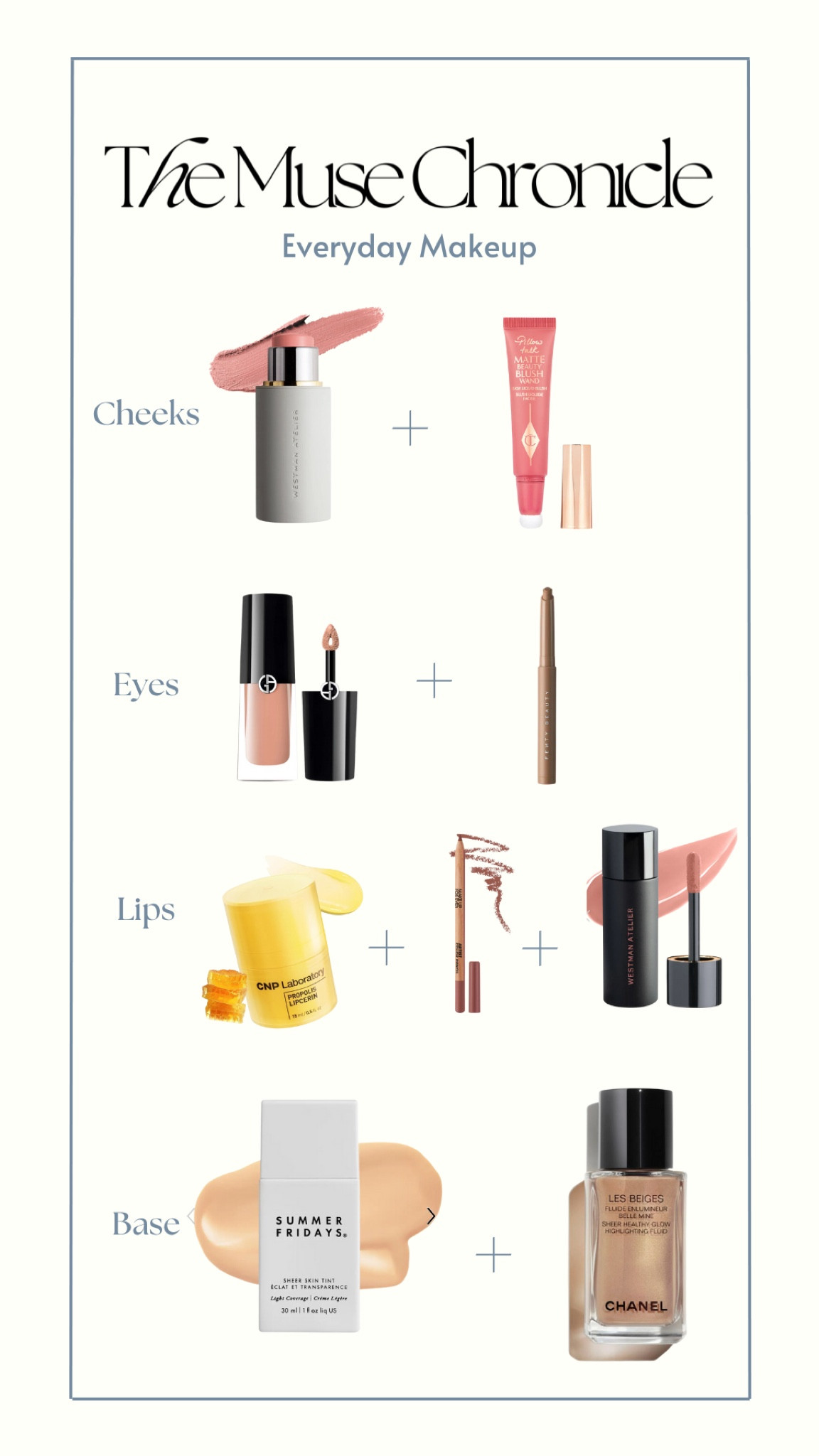 Achieving that ‘no-makeup’ makeup look is easier than ever with these essentials! Start with Summer Fridays Skin Tint for a radiant base, then layer Chanel’s Les Beiges Illuminator for a subtle glow. Add a pop of color to your cheeks with Westman Atelier’s blush stick and a touch of Charlotte Tilbury matte blush. For the eyes, Armani’s Eye Tint and Bobbi Brown’s Shadow Stick create a natural yet defined look. Don’t forget the finishing touch: a glossy lip combo with CNP’s Lip Cream and Westman Atelier lip gloss. Flawless and fresh! #EverydayGlow #NaturalMakeup