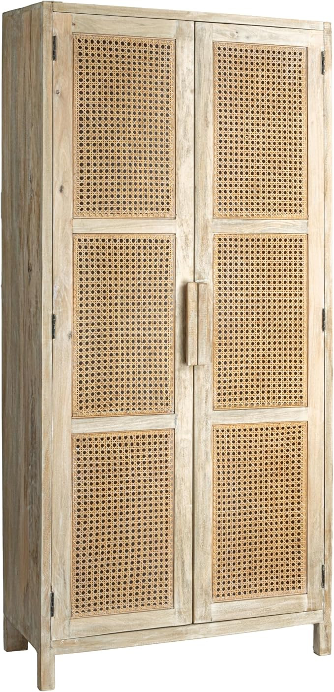 Creative Co-Op Mango Wood and Cane Curio Cabinet with 3 Shelves and 2 Doors, Natural | Amazon (US)