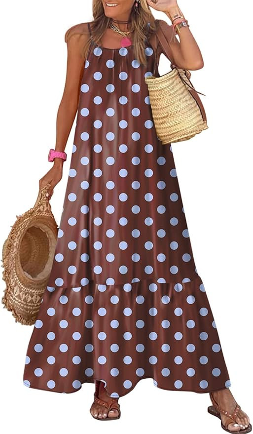 Dokotoo Women Summer Dresses 2026 Spaghetti Strap Scoop Neck Smocked Ruffle Flowy Boho Maxi Dress | Amazon (US)