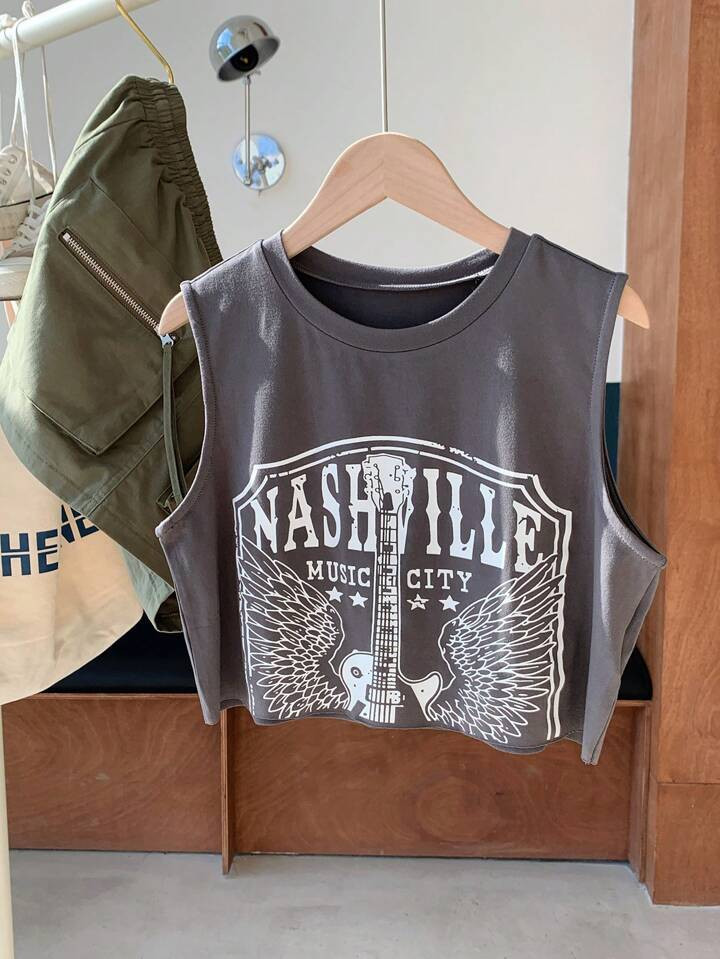 SHEIN Comfortcana Women's Music Festival Guitar & Letter Print Crop Tank Top | SHEIN USA | SHEIN