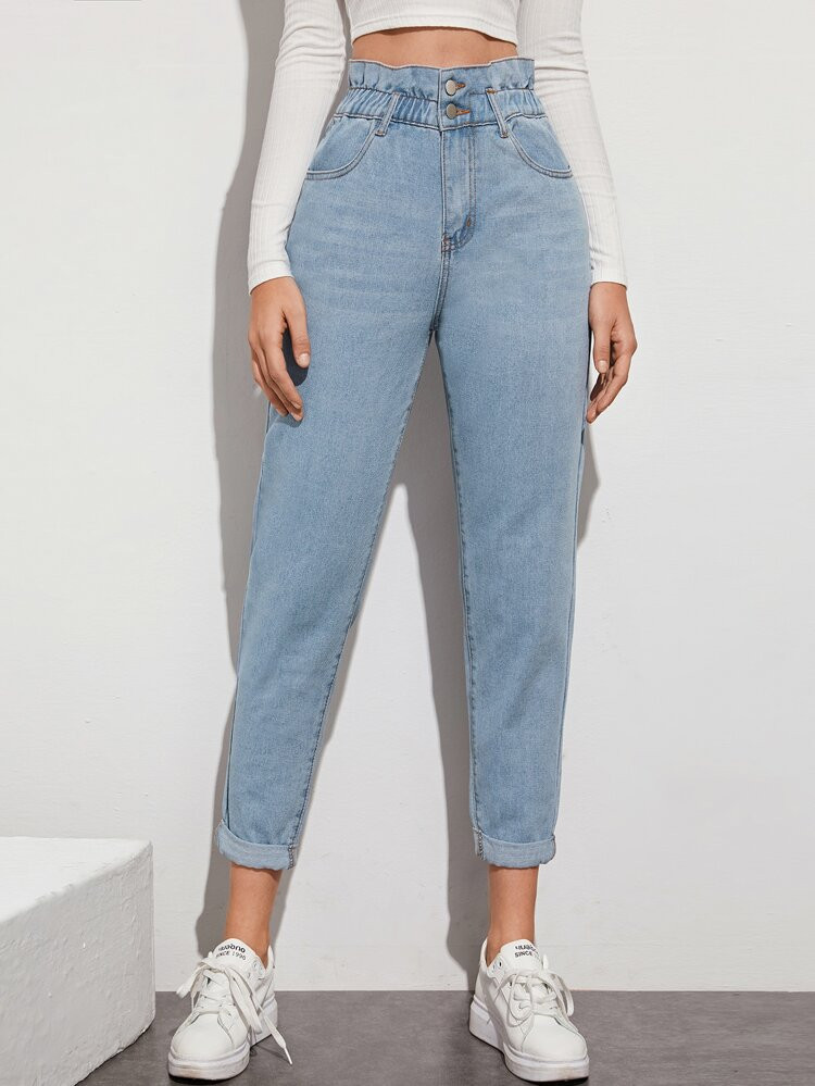 Light Wash High-Waisted Paperbag Waist Jeans | SHEIN