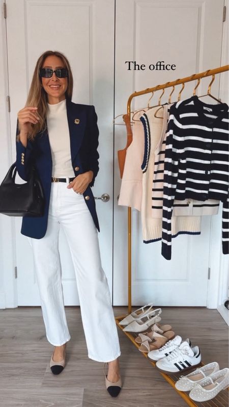 How to style white denim - to the office/ business outfit 
I am wearing a size 27 on pants and size small on tops 
Everything runs tts 
Comfortable, chic and beautiful outfits 
Navy blue blazer 
 


#LTKU #LTKstyletip #LTKworkwear