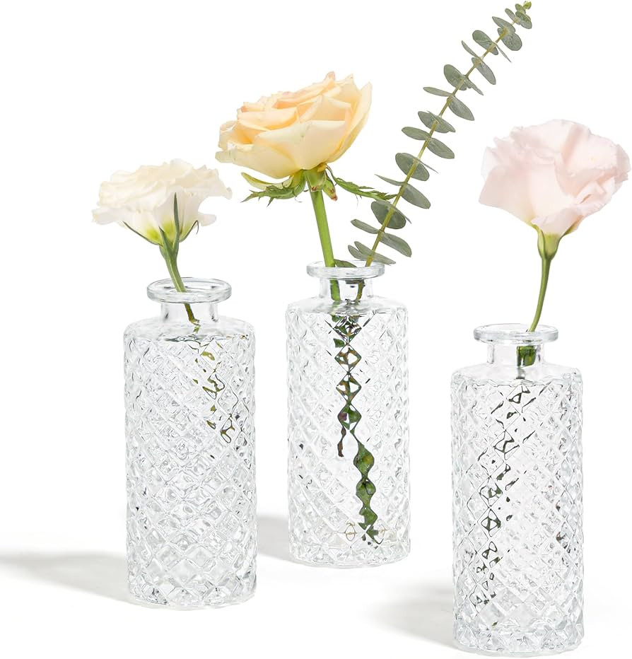 ComSaf Glass Bud Vases Set of 3, Small Flower Vases in Bulk, Mini Diamond Vases for Centerpieces,... | Amazon (US)