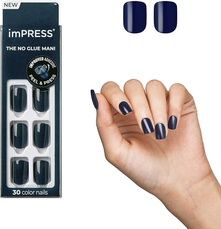 KISS imPRESS No Glue Mani Press On Nails, Color, 'Graytitude', Blue, Short Size, Squoval Shape, I... | Amazon (US)