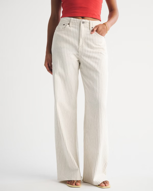 Curve Love Linen-Blend High Rise Wide Leg Striped Jean | Abercrombie & Fitch (US)
