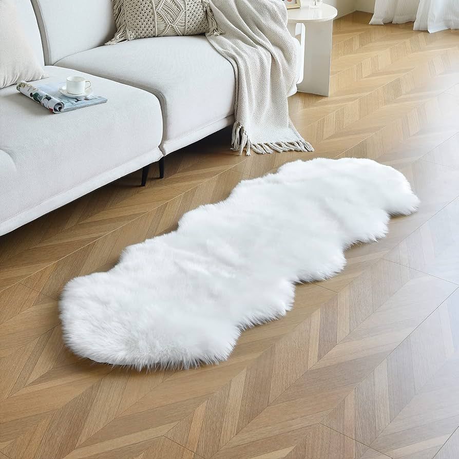 duduta White Faux Sheepskin Bedside Living Room Rugs 2 x 6 ft Fluffy Shag Couch Sofa Covers | Amazon (US)