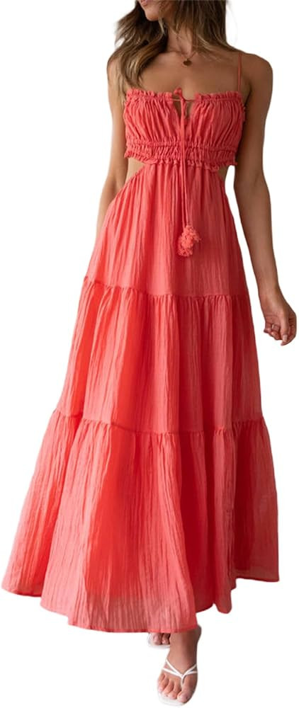 Yuemengxuan Women Sexy Ruffle Tiered Maxi Dress Boho Backless Cut Out Spaghetti Strap Flowy Dress... | Amazon (US)