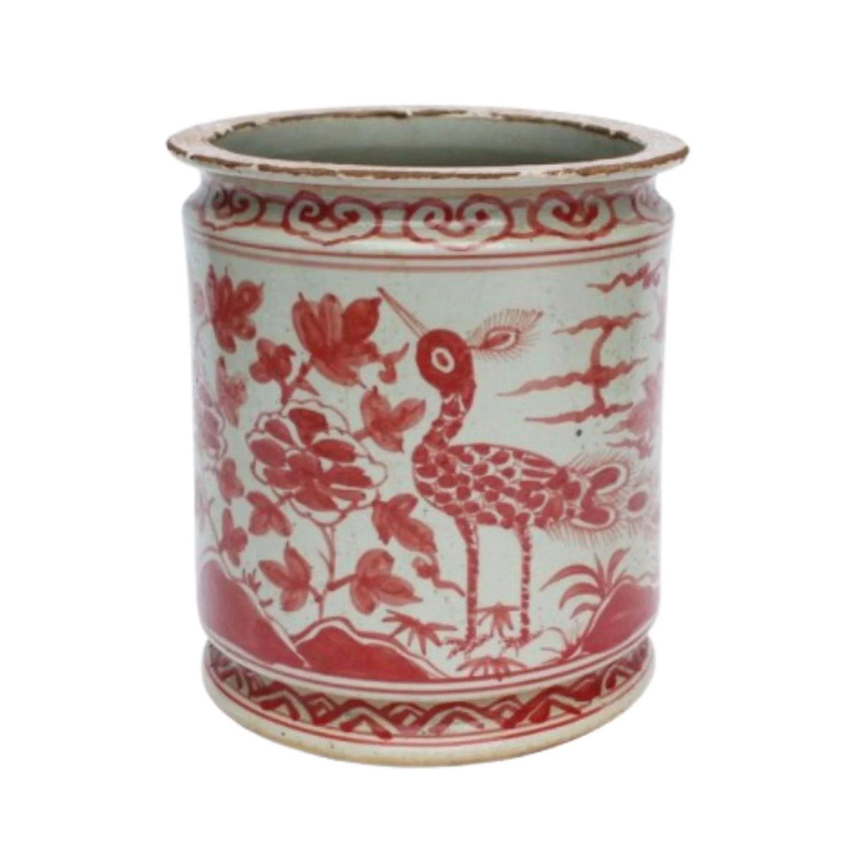 Porcelain Underglaze Red Bird Motif Orchid Pot | The Well Appointed House, LLC
