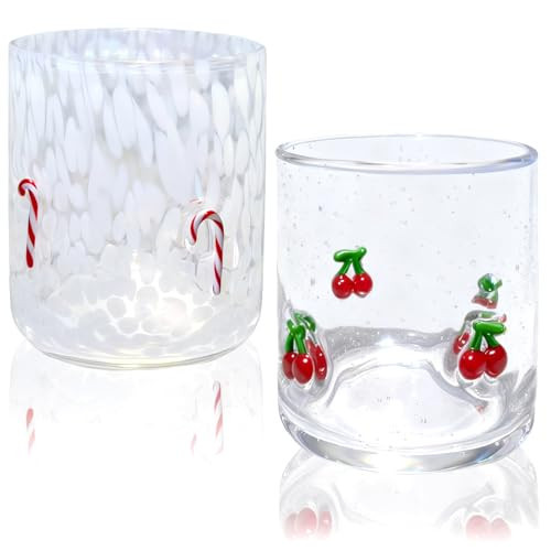 2 Pcs Christmas Icon Glass Cups - 14 oz Christmas Cane & Cherry Icon Juice Glasses, Hand-blown Old Fashioned Drinking Glasses for Holiday Gifts, Family Parties, Cocktail Glassware, Home Bar Decor | Amazon (US)