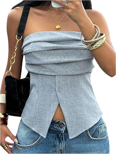 SOLY HUX Women's Tube Top Strapless Ruched Split Y2k Crop Tops Going Out Outfits Streetwear | Amazon (US)