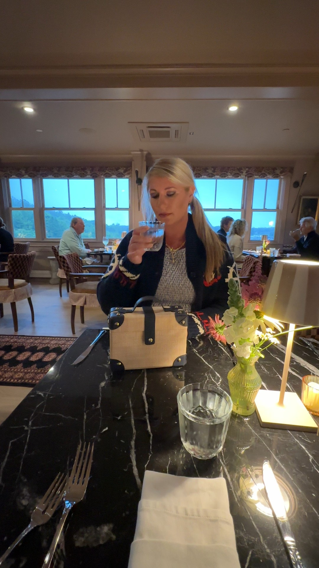 Dinner night outfit up in Maine Blue stripe smocked maxi dress & raffia & navy leather bag

#LTKItBag #LTKOver40 #LTKTravel