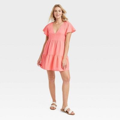 Women's Flutter Short Sleeve Mini Skater Dress - Universal Thread™ Coral Pink L | Target