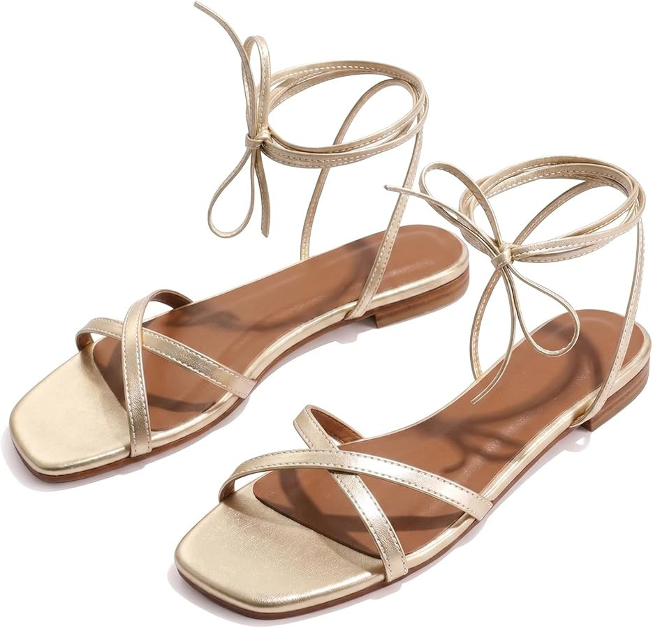 Strappy Flats Sandals for Women Comfortable Square Toe Lace Up Slides Beach Gladiator Wrap Sandal... | Amazon (US)