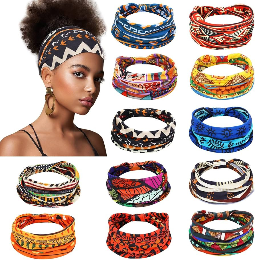 Censen 12 Pcs African Headbands for Women - Chiffon Knotted Assorted Bandeau Headbands Wide Yoga ... | Amazon (US)