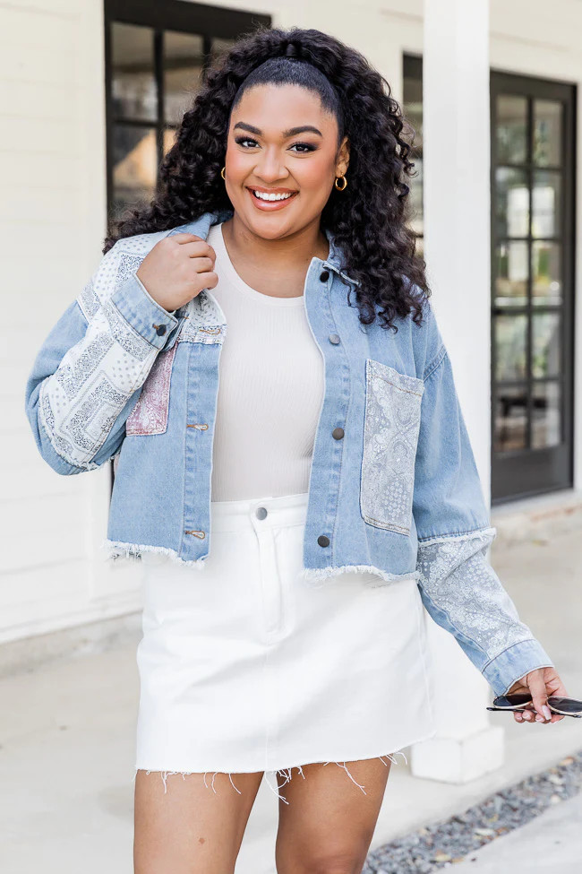 Long Gone Drive Medium Wash Paisley Patch Denim Jacket | Pink Lily