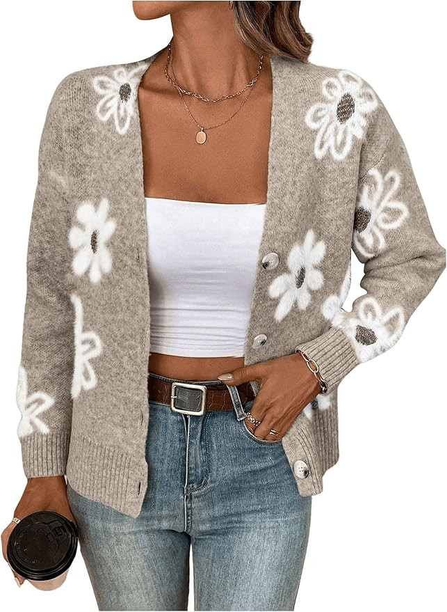 SHENHE Women's Floral Cardigan Sweater Open Front Long Sleeve Button Down Knit Sweater Outerwear | Amazon (US)